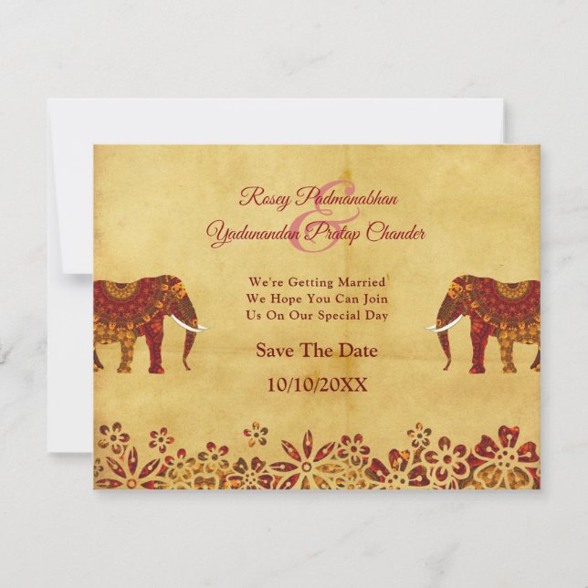 Ornate Indian Elephant Rustic Save The Date (Front)
