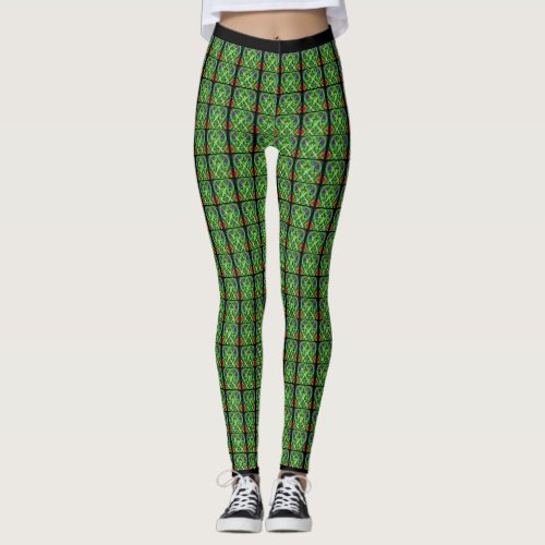 Ornate Irish Celtic Knot Pattern Green Yellow Leggings