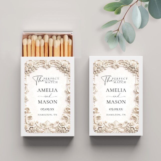 Ornate Ivory Baroque Floral Wedding Matchboxes (Ornate Ivory Baroque Floral Wedding Matchboxes shown with white box)
