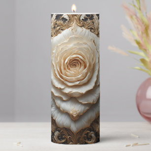 Ornate Ivory Floral Design with White Rose Pillar Candle