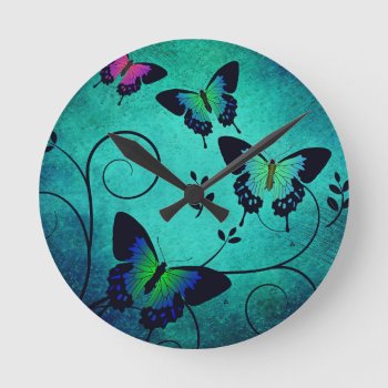 Ornate Jewel Butterflies Round Clock by LouiseBDesigns at Zazzle