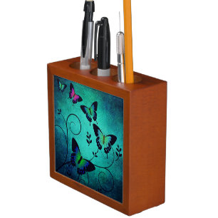Ornate Jewel Butterflies Teal Desk Organizer