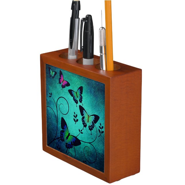 Ornate Jewel Butterflies Teal Desk Organizer (In Situ)