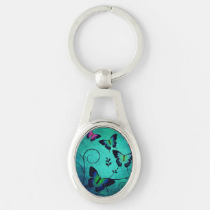 Ornate Jewel Butterflies Teal Keychain