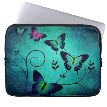Ornate Jewel Butterflies Teal Laptop Sleeve by LouiseBDesigns at Zazzle