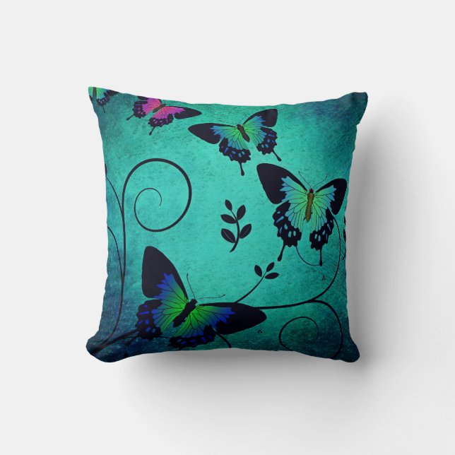 Ornate Jewel Butterflies Teal Throw Pillow (Front)