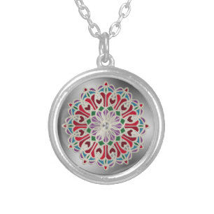 Ornate Jewel Flower Mandala Silver Plated Necklace
