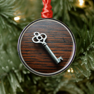 Ornate Key on Wooden Box Metal Ornament