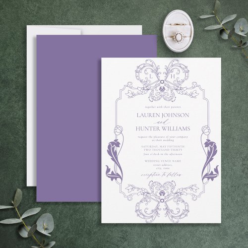 Ornate Lavender Floral Line Art Monogram Wedding Invitation