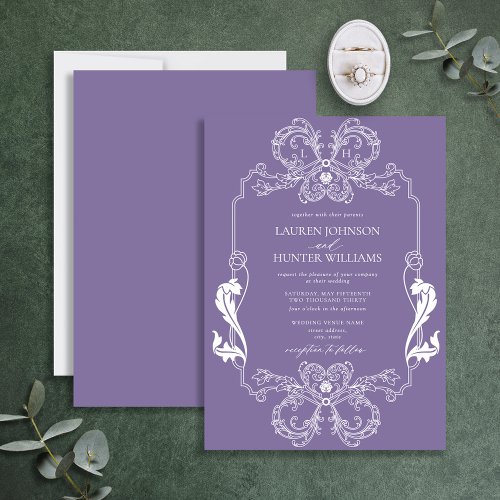Ornate Lavender Floral Line Art Monogram Wedding Invitation