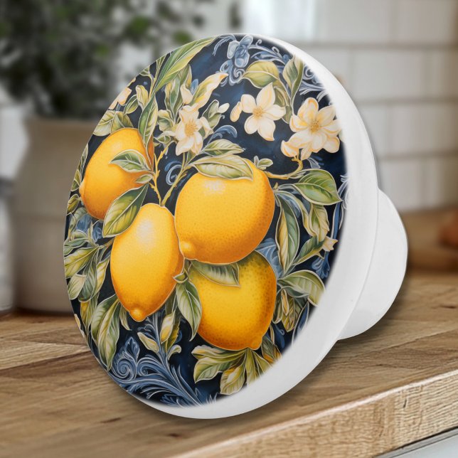 Ornate Lemons - Navy Ceramic Knob (Ornate Flourished Lemons and Blossoms Navy Drawer Pull Knob - European Kitchen Decor)