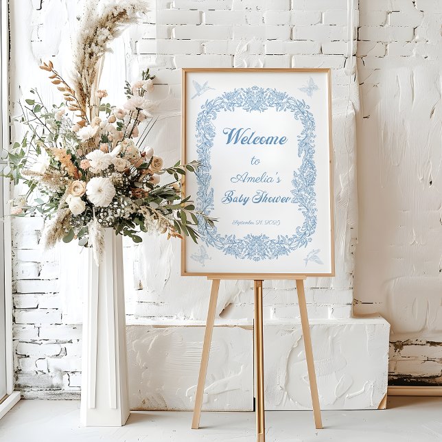 Ornate Light Blue Floral Frame Baby Shower Welcome Foam Board (Creator Uploaded)