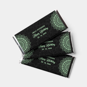 Ornate Light Green Mandala on Black Happy Birthday Hershey Bar Favors
