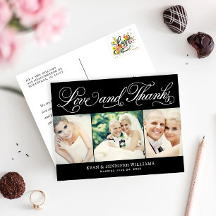 Ornate Love and Thanks Black Wedding Photo Postcard