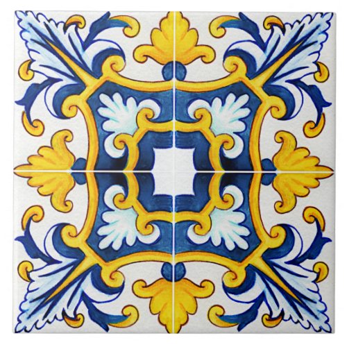 Ornate Mediterranean Blue And Yellow Ceramic Tile