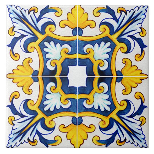 Ornate Mediterranean Blue And Yellow Ceramic Tile (Front)