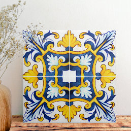 Ornate Mediterranean Blue And Yellow Ceramic Tile