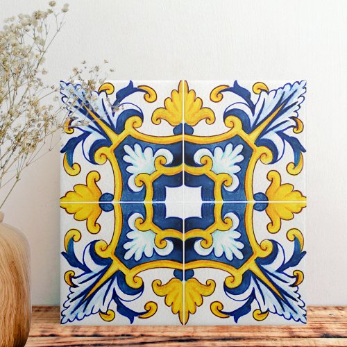 Ornate Mediterranean Blue And Yellow Ceramic Tile