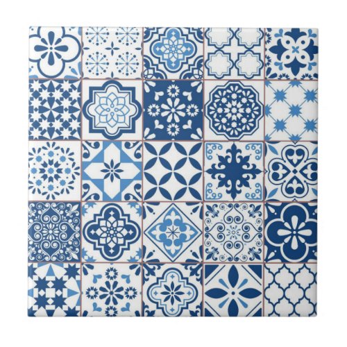 Ornate Mediterranean Indigo Blue Azulejo Mosaic Ceramic Tile