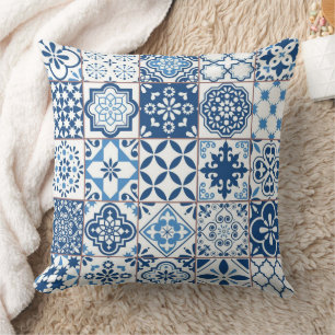 Ornate Mediterranean Indigo Blue Azulejo Mosaic Throw Pillow