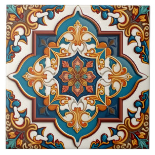Ornate Mediterranean Teal Blue Brown Ceramic Tile