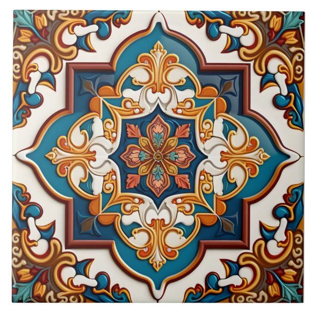 Ornate Mediterranean Teal Blue Brown Ceramic Tile (Front)