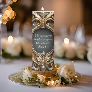 Ornate Metal and Jewels Customizable Bible Verse Pillar Candle