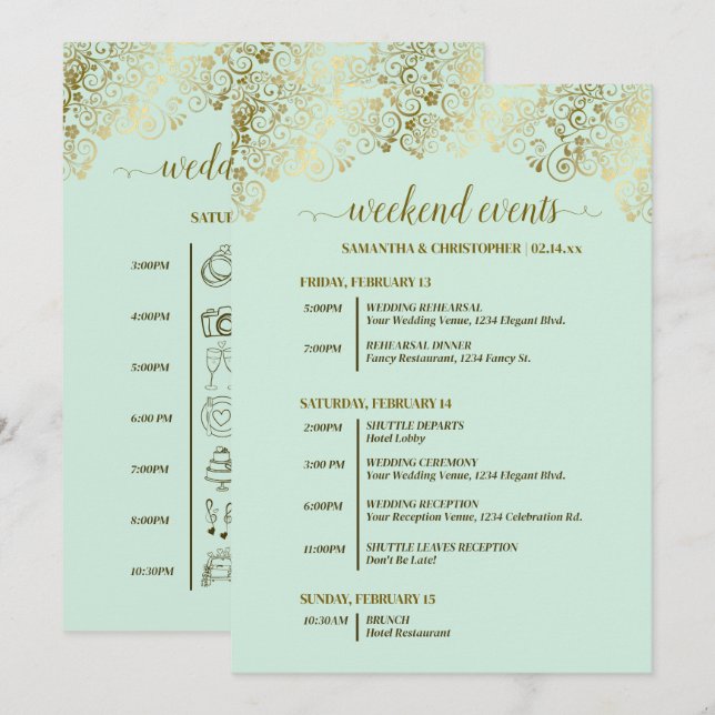Ornate Mint Green & Gold Wedding Events & Timeline Program (Front/Back)