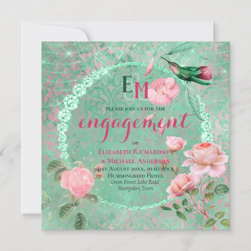 Ornate Mint Green Pink Gold HUMMINGBIRD Engagement Invitation