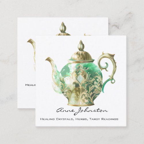 Ornate Mint Green Teapot Square Business Card
