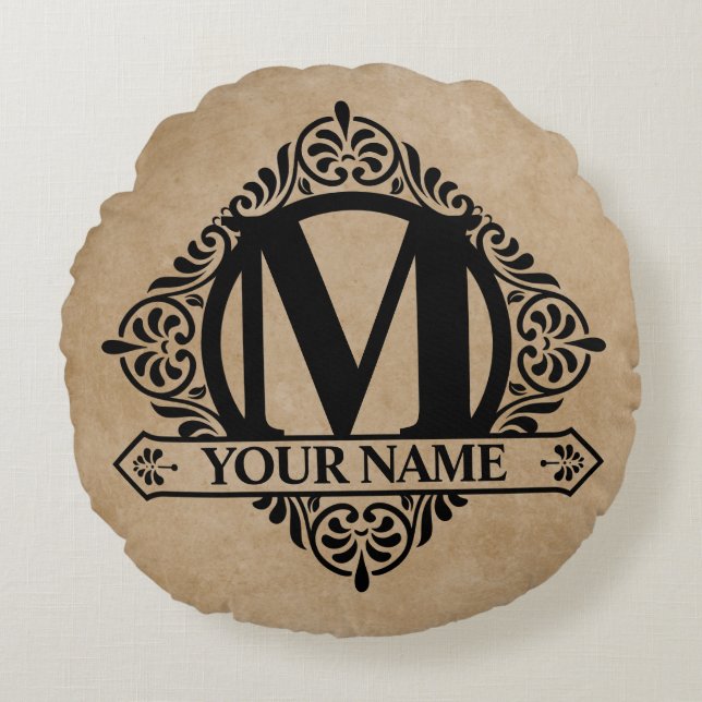 Ornate Monogram Design Round Pillow (Front)