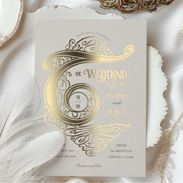 Ornate Monogram Wedding Elegant Typography Foil Invitation (Creator Uploaded)