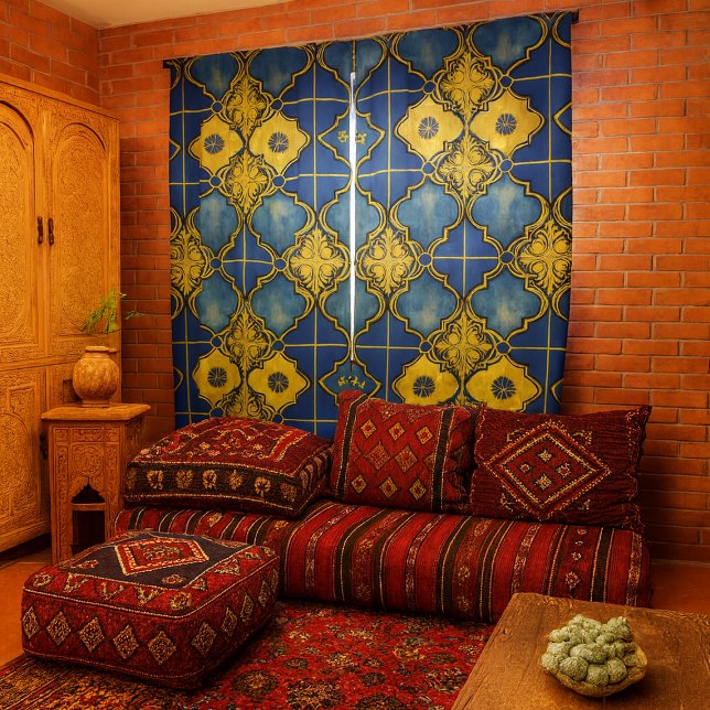 Ornate Moroccan Pattern Blue Gold Quatrefoils Blackout Curtains (two panel Moroccan pattern blue and gold blackout curtains in Moroccan inspired living room)