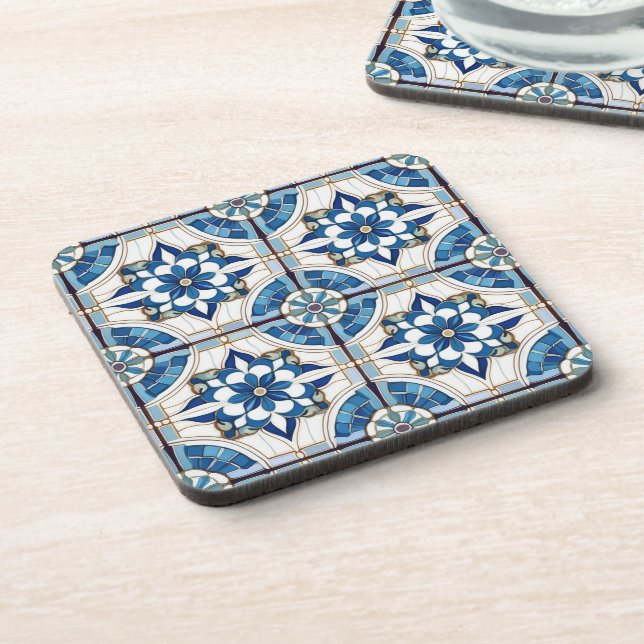 Ornate Moroccan Tile Pattern#4 Blue White ID1078 Beverage Coaster (Left Side)