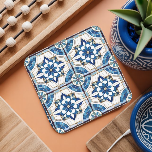 Ornate Moroccan Tile Pattern#4 Blue White ID1078 Square Paper Coaster (Creator Uploaded)