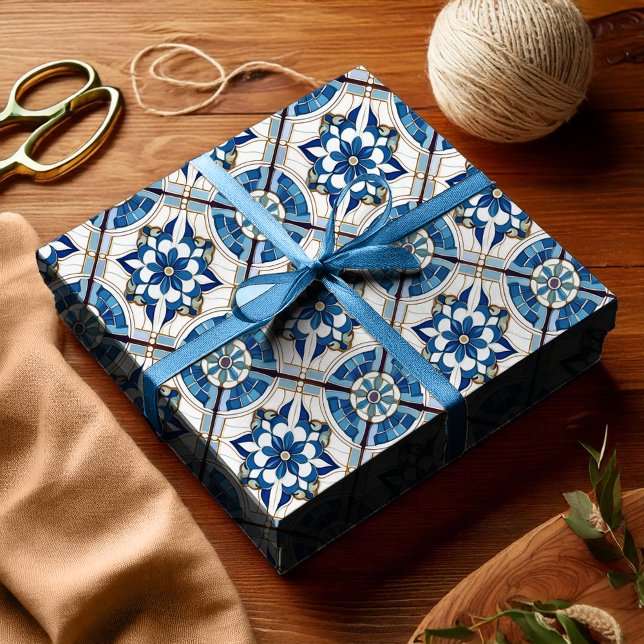 Ornate Moroccan Tile Pattern#4 Blue White ID1078 Wrapping Paper (Creator Uploaded)
