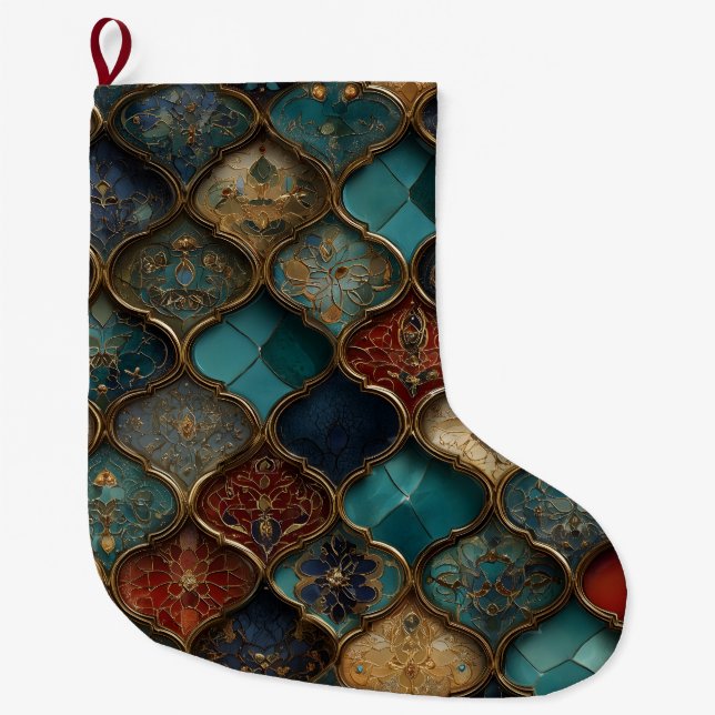Ornate Moroccan Tiles in Jewel Tones and Gold Large Christmas Stocking (Front)