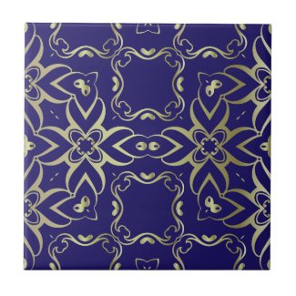 Ornate Navy Blue And Gold Baroque Royal Pattern Ceramic Tile