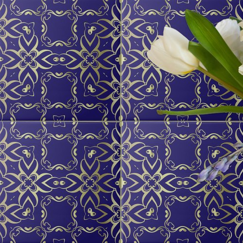 Ornate Navy Blue And Gold Baroque Royal Pattern Ceramic Tile