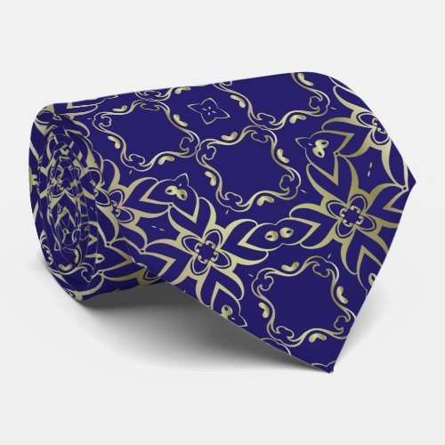 Ornate Navy Blue And Gold Baroque Royal Pattern Neck Tie