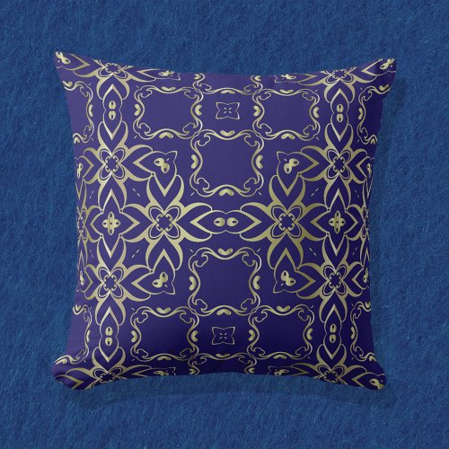 Ornate Navy Blue And Gold Baroque Royal Pattern Throw Pillow