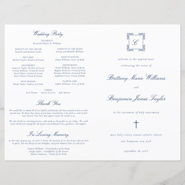 Ornate Navy Blue Catholic Wedding Mass Program (Front)
