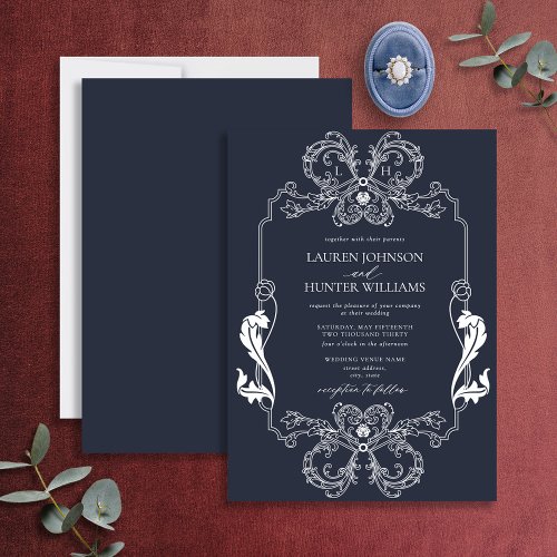 Ornate Navy Blue Floral Line Art Monogram Wedding Invitation