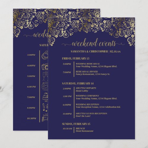 Ornate Navy Blue & Gold Wedding Events & Timeline Program