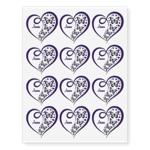 Ornate Navy Blue Heart & Butterflies With Name Temporary Tattoos