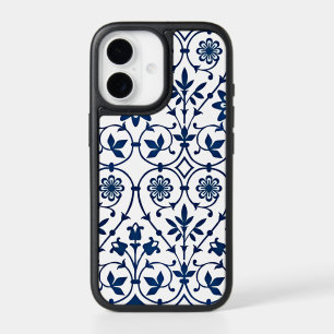 Ornate navy blue on white pattern iPhone 17 case