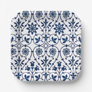Ornate navy blue on white pattern paper plates