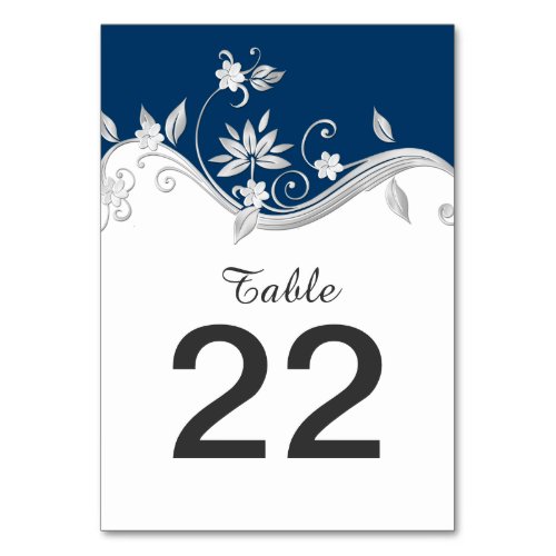 Ornate Navy Blue Silver White Flowers Table Cards