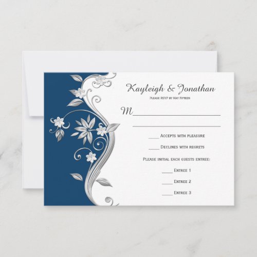 Ornate Navy Blue White Silver Flowers RSVP