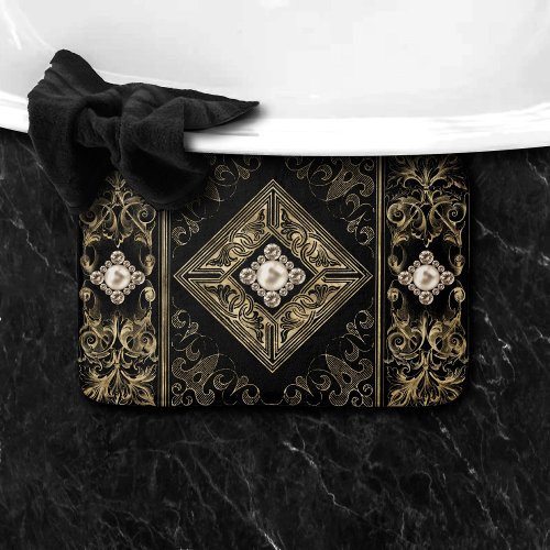 Ornate Opulence  Black and Gold Jeweled Flourish Bath Mat